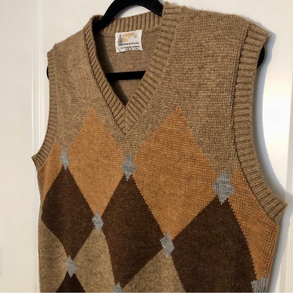 London Fog Vintage Tan Brown Grey Argyle Wool Blend Knit V-Neck Vest - Picture 3 of 5